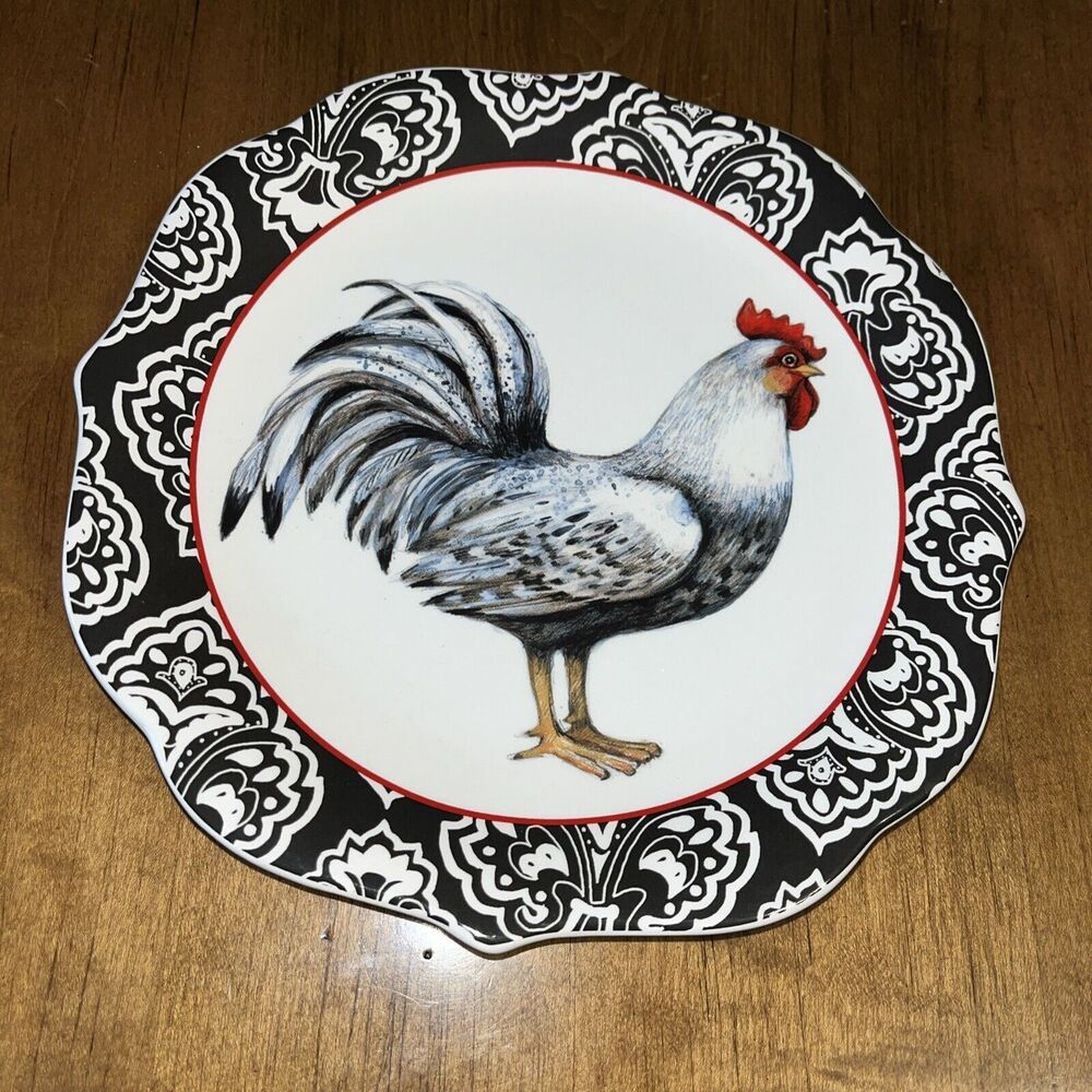 Cracker Barrel Susan Winget Rooster Black Floral Plate 8.5 Farmhouse Style
